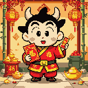 This pixel art features a cheerful child in traditional Chinese New Year attire, holding red envelopes and radiating festive joy. Surrounded by gold ingots and red envelopes, they strike a welcoming pose, embodying the spirit of celebration and cultural tradition.