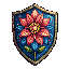 This pixel art image features a stylized, ornate flower emblem in shades of red, pink, yellow, and green, resembling a heraldic shield. The symmetrical design and rich color palette evoke a sense of elegance, tradition, and perhaps a touch of fantasy.