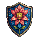 This pixel art image features a regal heraldic shield with a metallic gold border, showcasing a vibrant red dahlia-like flower with light blue leaves against a deep navy blue field. Tiny light red pixels add a touch of sparkle and charm to the classic emblem.