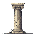 This pixel art depicts a solitary, crumbling Ionic column against a stark black background, showcasing the enduring beauty of ancient architecture in a state of weathered decay. The detailed cracks and muted colors evoke a sense of antiquity and resilience.
