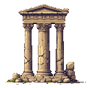 This pixel art depicts the weathered ruins of a classical temple fragment, showcasing damaged Corinthian columns and a decaying pediment in earthy tones. The isolated structure evokes a sense of antiquity and the passage of time.