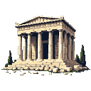 This pixel art depicts a grand, partially ruined Greco-Roman temple, rendered in muted tones that evoke its age and historical significance. The standalone structure, with its detailed portico and weathered stonework, stands as a testament to a bygone era.