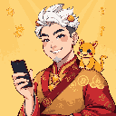 A smiling young man with white hair and a patterned robe holds his smartphone, accompanied by his orange cat perched on his shoulder. His appearance blends modern style with a nod to Asian heritage.