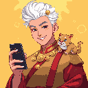 This pixel art portrays a pale, white-haired young man with a mischievous grin, holding a star-filled phone while a fierce lion cub perches on his shoulder. Dressed in ornate red and gold, he exudes a playful yet regal charm.