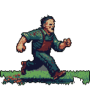 Pixel Art: Leatherface running in a field (generated with AI by Nemesismach).