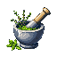 A pixel art image showcases a stone mortar and wooden pestle in action, grinding fresh green herbs, evoking a sense of traditional craft and natural utility.