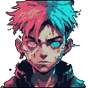 Neon-haired cyborg boy with glitch effects and glowing eyes, close-up ...