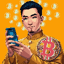A smiling Asian man in traditional gold attire proudly displays his smartphone, overlaid with a prominent pink Bitcoin symbol. This vibrant pixel art portrait evokes confidence and prosperity in the digital currency realm.