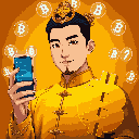 A crowned man in golden attire gazes at his smartphone, framed by a halo of Bitcoin symbols, suggesting a modern-day king of cryptocurrency.