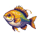 This detailed pixel art showcases a vibrant, stylized fish with a golden and blue-purple color scheme and a unique lure-like barb. The meticulous rendering and iridescent hues give the creature a majestic and lifelike presence, evoking a sense of wonder.