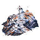 This pixel art showcases a charming Mediterranean-style village clinging to a rocky hilltop, complete with a prominent windmill and whitewashed buildings. The isolated settlement, rendered in a cool, muted palette, evokes a peaceful and nostalgic atmosphere.
