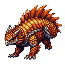 This pixel art showcases a powerful, armored reptilian creature with an intense gaze, poised for action. Rendered in vibrant oranges, yellows, and browns with contrasting cool tones, the formidable beast exudes raw power and ancient strength.