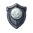 A pixel art image showcases a medieval shield against a black background, featuring riveted metal and weathered wooden planks. A detailed full moon emblem dominates the shield's center, adding a touch of fantasy and stoicism.