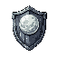 This pixel art showcases a worn, medieval shield featuring a striking, moon-like emblem at its center. The monochromatic palette and detailed texture evoke a sense of history, strength, and perhaps a touch of ancient fantasy.