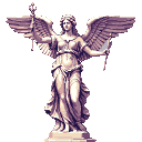 This pixel art showcases a majestic, winged goddess statue in classical style, rendered in muted purples and pinks to resemble weathered stone. She holds a trident scepter and a tablet, exuding solemn grace against a stark black background.