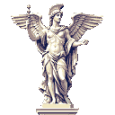 This pixel art depicts a majestic winged statue, possibly an angel or goddess, in a triumphant pose with flowing garments and a helmet. Rendered in grayscale, the figure holds a scepter and gestures outward, exuding solemn grandeur and classicism.