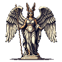This pixel art depicts a majestic winged goddess figure in a classical style, rendered in muted earth tones. She stands serenely, holding a staff and offering a gesture of blessing, evoking a sense of ancient power and reverence.