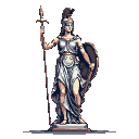 A pixelated statue of a classical female warrior, reminiscent of Athena, stands armed with a spear and shield. Rendered in muted tones, the image evokes a sense of solemn historical reverence.