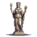 A pixel art statue of a classical woman holds a torch with a vibrant flame in one hand and a crown-like finial in the other. Bathed in muted earthy tones, the figure exudes timeless grandeur.