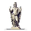 This pixel art depicts a classical marble statue, posed heroically with open hands and a crested helmet. Bathed in dramatic lighting, the figure exudes solemn dignity against a stark void, evoking a sense of timeless grandeur.