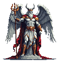 A powerful, winged demigod stands in the void, radiating majesty with his golden trident, horned helmet, and flowing white beard. His marble-like body and rich red cape exude an aura of ancient divinity.