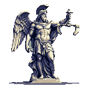 This pixel art depicts a majestic, monochrome statue of a winged deity or mythological figure. He wields a scythe, conveying solemn power and ancient strength in the stark black canvas.