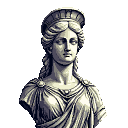 This pixel art depicts a serene, monochrome bust of a noblewoman or goddess, her hair braided and adorned with a crown, evoking classical beauty. The artwork's limited palette and detailed rendering create a timeless, sculptural feel.
