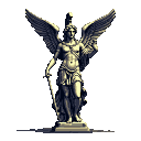 A majestic, sepia-toned pixel art statue of a winged deity stands guard, sword in hand, exuding classical grandeur. The figure's powerful presence and intricate details evoke a sense of timeless strength and solemn vigilance.