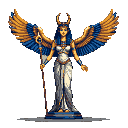 This pixel art depicts a majestic, Egyptian-inspired goddess, possibly Isis, with striking wings and a serene expression. The rich color palette and detailed design evoke a sense of ancient power and divine elegance.