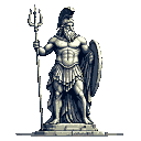 This pixel art statue depicts a powerful Poseidon/Neptune figure, complete with trident and shield, rendered in a classic, desaturated style reminiscent of ancient marble. The commanding pose and limited color palette evoke a sense of classical grandeur and formidable divinity.