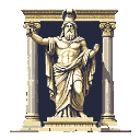 This pixel art showcases a majestic statue of a bearded hero or god, rendered in classic style with impressive detail. Framed by Corinthian columns against a dark void, the artwork evokes a sense of ancient grandeur through its muted, yet rich color palette and skillful use of light and shadow.