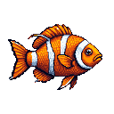 This pixel art image captures a solitary clownfish in stunning detail, showcasing its vibrant orange and white stripes against a stark black background. The fish's slightly downcast expression lends a touch of melancholic beauty to this striking character study.