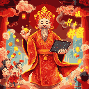 This pixel art depicts a benevolent god of wealth, adorned in rich robes and a golden headdress, holding symbolic objects that promise prosperity. Surrounded by festive clouds and lanterns, the deity radiates a joyful and auspicious aura.