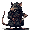 A watchful, rogue-like rat character stands poised with a knife, its dark attire and alert stance hinting at a stealthy and dangerous nature. The pixel art highlights the creature's readiness for action with its detailed fur, clothing, and menacing incisor.