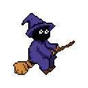 A mysterious, dark-robed witch or wizard soars through the void on a broomstick, its identity obscured except for two piercing white eyes. This pixel art figure evokes a nostalgic, whimsical vibe with a hint of the unknown.