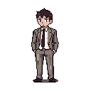 A pixel art image presents a solitary male figure in a muted suit, standing in a relaxed pose with a neutral, contemplative expression. The character's simple, yet effective design and limited color palette create a calm and understated atmosphere.