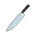 This pixel art image features a floating chef's knife, rendered in cool blues and browns, against a stark black background. The detailed blade and handle are simply but effectively depicted in a minimalist, retro style.