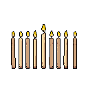 This pixel art image features nine lit candles, their warm flames flickering against a stark black background. The symmetrical arrangement and retro style evoke a sense of peace and quiet contemplation.