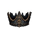 This pixel art showcases a dark and imposing crown, its aged gold details hinting at forgotten power and ancient lore. The stark contrast against a black background emphasizes the crown's weighty significance and ominous regality.