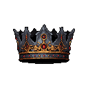 This pixel art showcases a darkly regal crown, meticulously detailed with gold filigree and vibrant ruby gems. The ornate design and somber color palette evoke a sense of ancient power and historical significance.