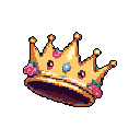 This pixel art showcases a regal golden crown, tilted slightly and adorned with stylized pink and blue flowers and dark jewels. The intricate details and rich color palette evoke a sense of preciousness and whimsical luxury.