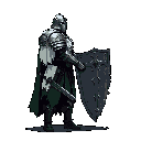A lone, heavily armored knight stands ready, shield in hand, against a stark background. The dark, detailed pixel art evokes a sense of stoic duty and medieval fantasy.