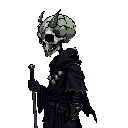 A somber pixel art skeleton with subtle demonic features stands draped in dark robes, holding a staff and adorned with talismans. The figure's dignified yet hunched pose evokes a sense of ominous contemplation.