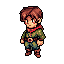 This pixel art character, reminiscent of classic RPG sprites, stands ready for adventure with a curious gaze. Sporting earthy tones and a vibrant red scarf, the detailed sprite evokes a nostalgic, rustic feel.