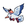 This pixel art image captures a seagull in graceful flight, its cool-toned plumage vividly contrasting against a stark black background. The minimalist style evokes a sense of freedom and a classic video game aesthetic.