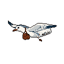 A lone pixel art seagull soars across a dark void, its wings outstretched in flight. Notably, it carries a small satchel, adding a touch of mystery to this simple yet captivating image.