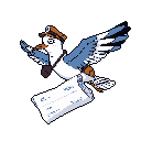 A determined seagull postal worker, rendered in charming pixel art, soars across the frame with a letter in tow. Sporting a tiny postman's cap and satchel, this feathered messenger brings a touch of whimsical fantasy to the skies.