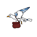 A pixelated messenger bird soars across the frame, its white form sharply contrasting against the black void, carrying a small satchel. The minimalist style evokes a sense of nostalgic charm and purpose, hinting at a traditional or fantastical delivery.