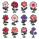 A collection of twelve unique pixel art flowers blooms in a grid, each blossom showcasing its own vintage-inspired charm. The limited color palette and deliberate pixelation create a nostalgic and beautifully organized botanical display.