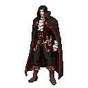 This pixel art captures the iconic Alucard in a classic Castlevania style, showcasing his dark, elegant attire and confident stance. The deep reds, blacks, and gold accents create a dramatic, gothic aesthetic.